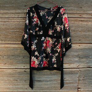 'M Heart M' VINTAGE made in USA black floral satin top